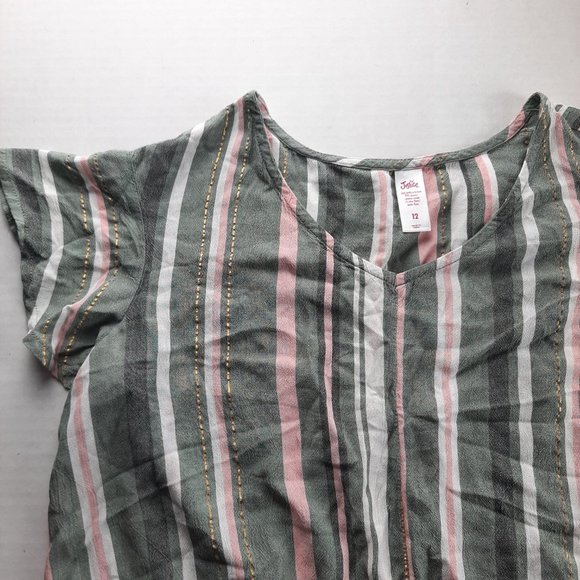 JUSTICE Girls V-Neck Short Sleeve Top Size 12 Green Pink White Gold Stripes Ring - Picture 3 of 5